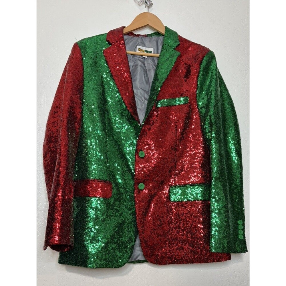 Tipsy Elves Mens Sequin Blazer Red Green Suit Jacket Ugly Christmas Party Large